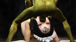 Hot sex! Beautiful young queen gets fucked hard by a Boggles green monster in the mystical cave